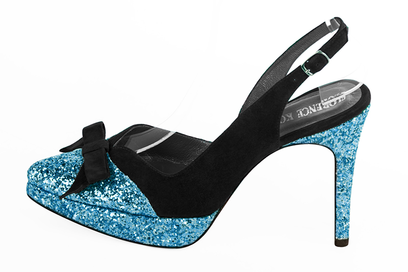 Turquoise blue and matt black women's open back shoes, with a knot. Tapered toe. Very high slim heel with a platform at the front. Profile view - Florence KOOIJMAN